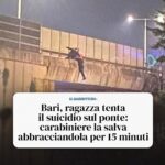 Giorgia Meloni Instagram - «Può essere mia figlia, non la devo lasciare»: così, grazie alla prontezza di Pasquale e dei suoi colleghi dell’Arma dei Carabinieri, intervenuti per soccorrere una ragazza che voleva togliersi la vita e rimasta a penzoloni nel vuoto sul ponte della Tangenziale di Bari, la giovane è salva. Un ringraziamento speciale a questi eroi in divisa.