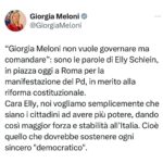 Giorgia Meloni Instagram - Cara Elly, noi vogliamo semplicemente che siano i cittadini ad avere più potere, dando così maggior forza e stabilità all’Italia. Cioè quello che dovrebbe sostenere ogni sincero "democratico".