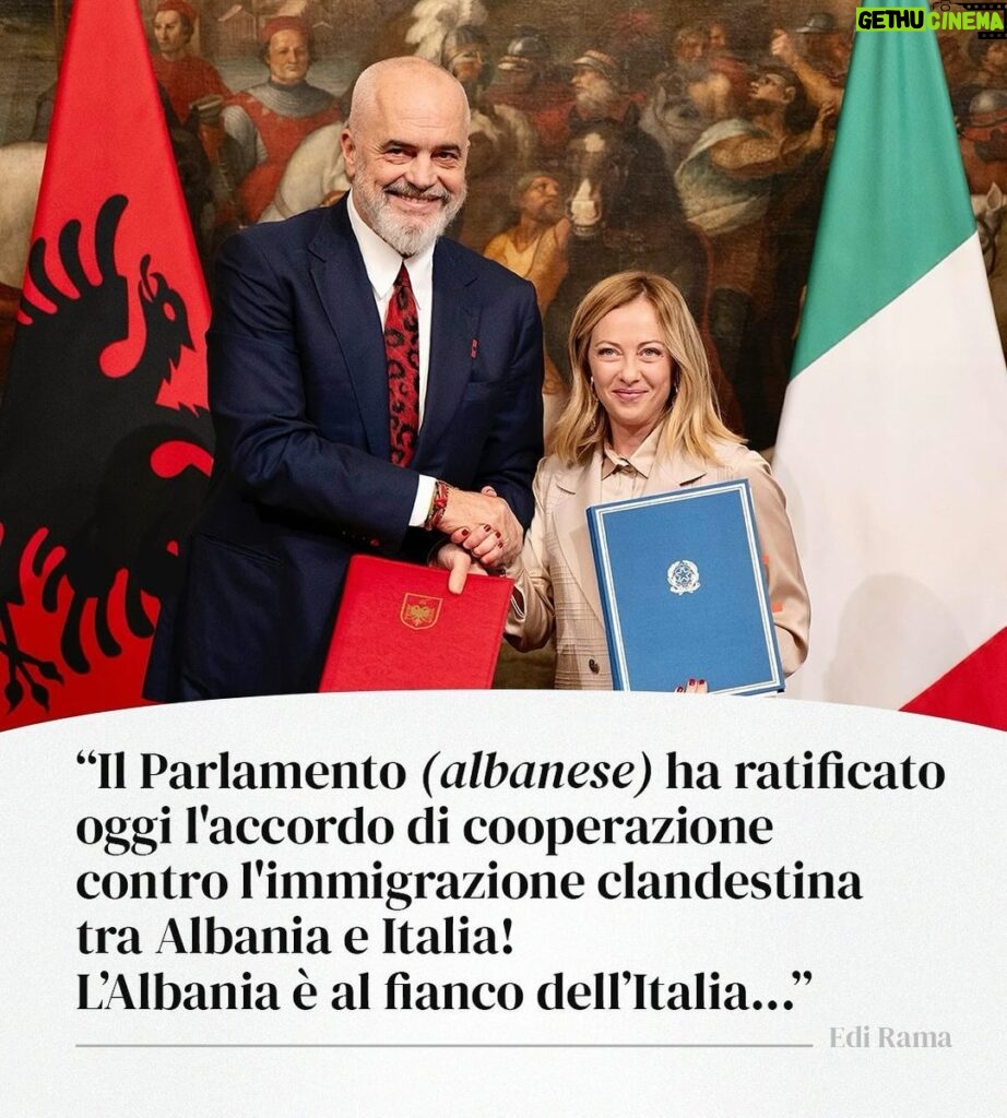 Giorgia Meloni Instagram - Il Parlamento albanese ha ratificato oggi l’accordo di cooperazione con l’Italia contro l’immigrazione clandestina e il traffico di esseri umani. Grazie al Primo Ministro Edi Rama, alle istituzioni e al popolo albanese per la loro amicizia e collaborazione.