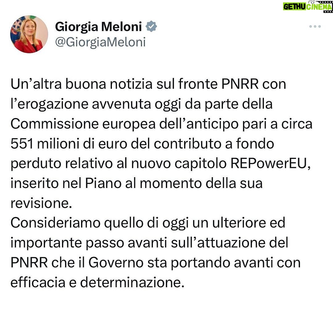 Giorgia Meloni Instagram - Un ulteriore ed importante passo avanti sull’attuazione del PNRR che il Governo sta portando avanti con efficacia e determinazione.