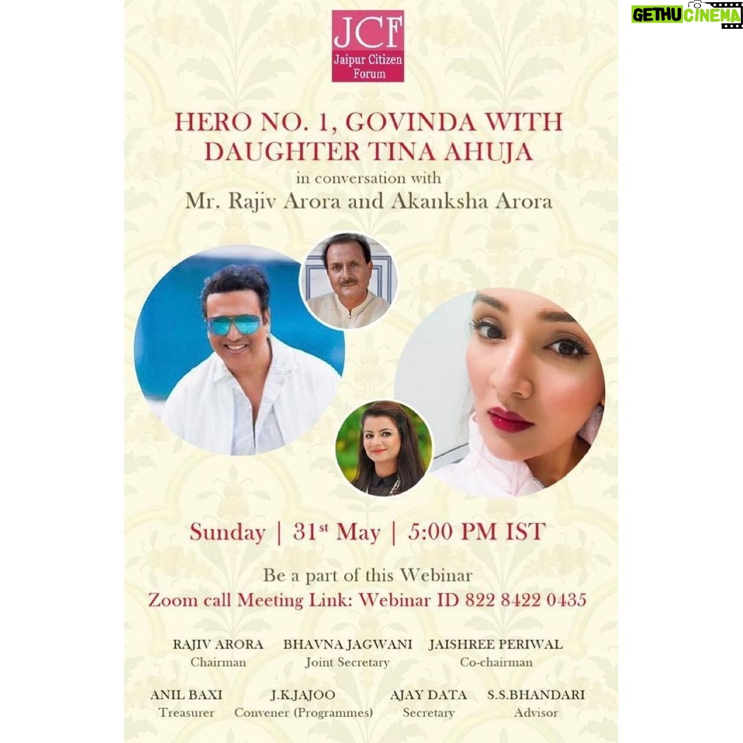 Govinda Instagram - Join us Tomorrow for a Light Hearted Fun Chat with @tina.ahuja @jcf_jaipur @akanksharora @rajivarora15 @Mfjcfjaipur @amrapalijewels @tribebyamrapali #Sunday #Fun #quarantineandchill #stayhomestaysafe😷🏡👣🙏🏻❤️