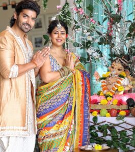 Gurmeet Choudhary Instagram - Bappa is home ❤️ “Ganpati Bappa Moreya” Happy Ganesh Chaturthi to everyone, have faith and stay blessed 🙏 Styledby: @stylebysugandhasood Outfitby: @mardbyabusandeep Debinas outfit : Styledby: @stylebysugandhasood @teamsugandhasood Outfitby: @gulabobyabusandeep Jewellery: @rimayu07 . . . . #ganpatibappamorya