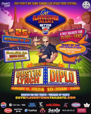 Guy Fieri Instagram - Who is ready to enter FLAVORTOWN…join me at @GuysFlavortownTailgate - Better with @Pepsi in Las Vegas and experience 25+ restaurants curated by yours truly, incredible musical performances by @dustinlynchmusic and @diplo, and tons of interactive tailgate fun on Big Game Sunday!

Best of all: Tickets are FREE! Visit GuysFlavortownTailgate.com to secure your free ticket or purchase the all-new “Taste of Flavortown” tickets or VIP passes today! Plus, those with a @CashApp Card that register in the next 24 hours will be guaranteed entry (while supplies last).

We’re takin’ you on a road rockin’ trip down to Flavortown on Big Game Sunday for the most fun tailgate in America...see you in Vegas!