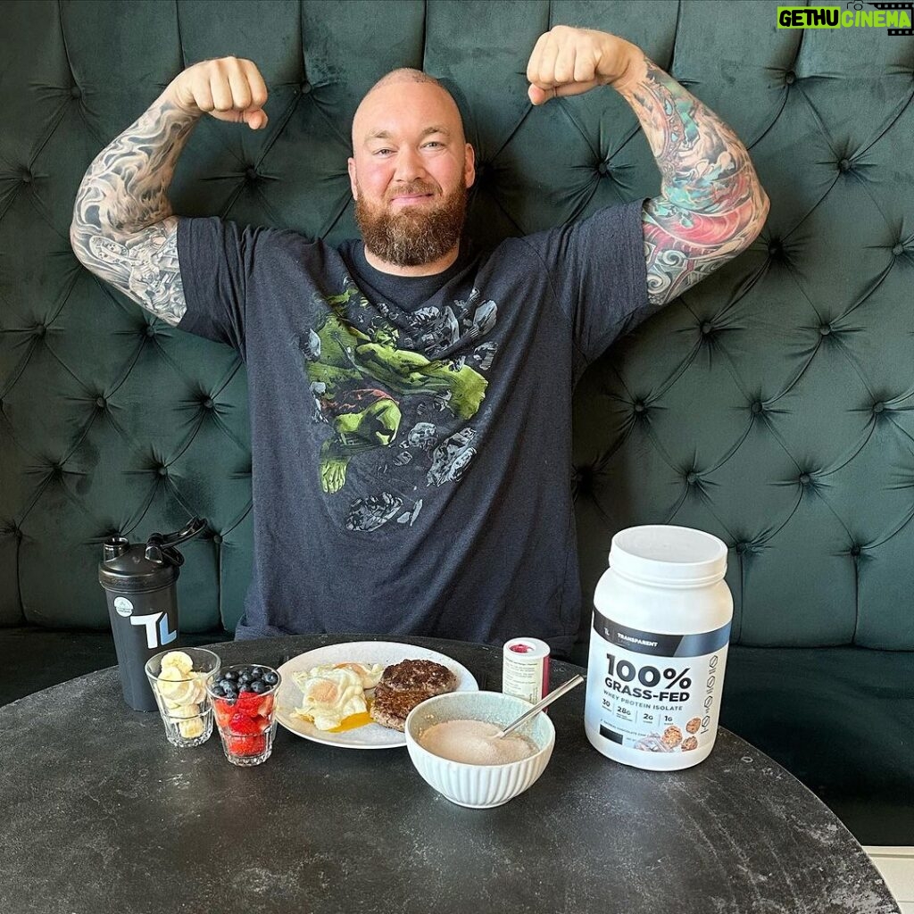Hafþór Júlíus Björnsson Instagram - Fuelling up my muscles before I hit the gym. Steak, egg, oats, almond butter, berries, banana and whey protein @transparentlabs use code THOR to support me when ordering!