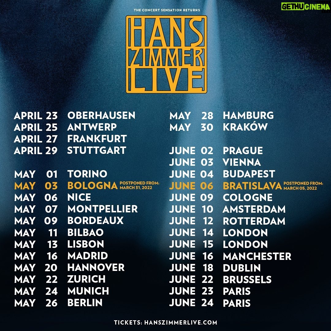 Hans Zimmer Instagram - @HansZimmerLive is coming BACK to Europe next year! We’ll be traveling around the continent next April, May and June. Tickets go on sale Wednesday, so make sure to get yours at hanszimmerlive.com.