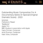 Hans Zimmer Instagram - Many thanks to the @televisionacad for recognizing @anze.rozman, @kara_talve and my work on #PrehistoricPlanet! Anže and Kara are ROCKSTARS who are part of our @bleedingfingersmusic collective, and they have made this score their own. I am so proud of them and they deserve to celebrate!! 🎉 It’s also an honor to be nominated alongside some of our great colleagues and friends including @johnj_powell, @blakeneelycows, @james_newtonhoward and @tonymoralesmusic. Congratulations all around! #Emmys