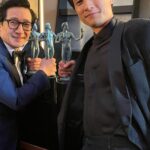 Harry Shum Jr. Instagram - James Hong. 94. Wow. Speech was 💯 and feeling like 1001 last night. Thank you @everythingeverywheremovie for letting the 🦝 and I along for the ride. History made with the best group of friends. Got to help make the statutes a few years back 🔨 so it all feels bageleeeeee. Amazing to witness @thejameshong give the most incredible @sagawards speech with several mic drops in between 🙏🏼 THANK YOU to all the @sagaftra members who voted for this fam!!! (my crop game is zero tho 🤦🏻‍♂️) Stylist: @warrenalfiebaker Suit: @giorgioarmani Kicks: @jimmychoo Watch: @omega Fairmont Century Plaza