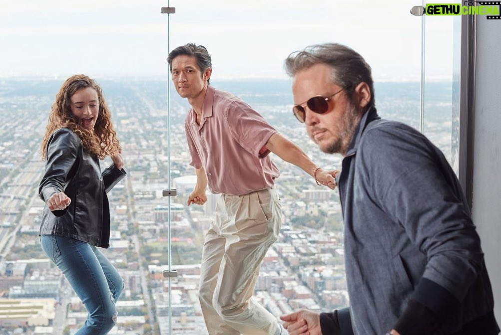 Harry Shum Jr. Instagram - One thousand five hundred and fifty three feet up high on the @skydeckchicago before tonight’s #chifilmfest premiere! This is the same tower where they filmed Ferris Bueller - so we couldn’t resist. Scroll through ➡️ #broadcastsignalintrusion @darkskyfilms Chicago, Illinois