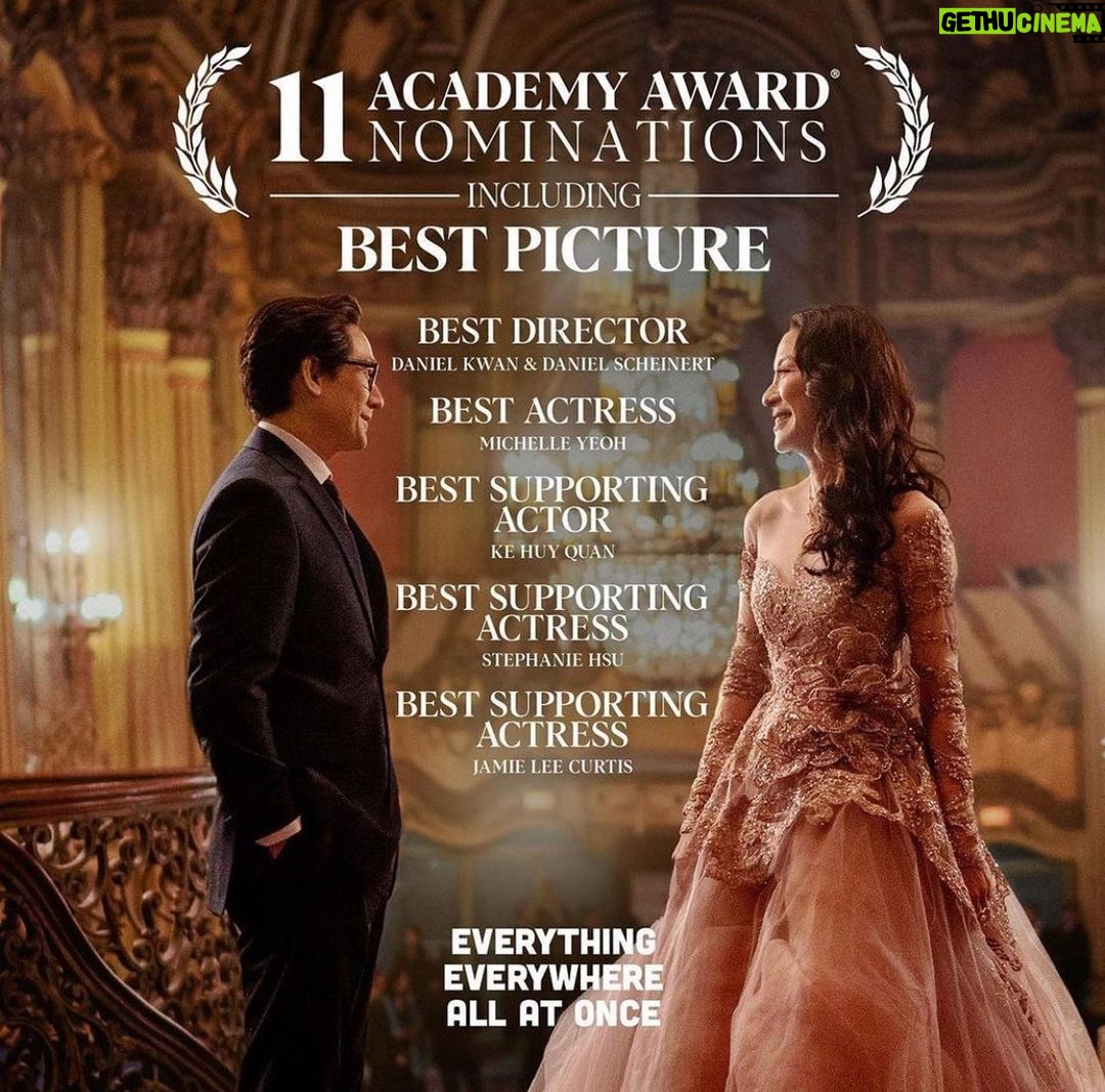 Harry Shum Jr. Instagram - Grateful to be part of this one. Our resilient film about the people who are often times overlooked in our society - the aging immigrant mom, dad, grandparent all working out their hopes and dreams and in one flashing moment - can be crushed into a distant memory. It's been rather difficult to separate this post with the recent tragic events and the victory of these nominations for a community that has been fighting so hard to be seen and heard in this country. Stumbling between celebrating and sadness breeds confused feelings. But one thing I do know is that kindness breeds love - which is what we need a dollop of at this moment. Choosing to use kindness as a weapon. I love the message of our film while facing the adversarial unknown to "Please, be kind." I celebrate these 11 @theacademy nominations along with our cast and crew who worked so damn hard to make this a reality. I celebrate all the Evelyns, Waymonds and Gung Gungs out there that continue to inspire us day in and day out. This one's for y'all. @a24 @everythingeverywheremovie