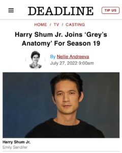 Harry Shum Jr. Instagram - Honored to be joining this iconic show 💥 💥 💥 @greysabc @abcnetwork @shondarhimes @kristavernoff @ellenpompeo @therealdebbieallen #greysanatomy