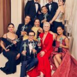 Harry Shum Jr. Instagram - James Hong. 94. Wow. Speech was 💯 and feeling like 1001 last night. Thank you @everythingeverywheremovie for letting the 🦝 and I along for the ride. History made with the best group of friends. Got to help make the statutes a few years back 🔨 so it all feels bageleeeeee. Amazing to witness @thejameshong give the most incredible @sagawards speech with several mic drops in between 🙏🏼 THANK YOU to all the @sagaftra members who voted for this fam!!! (my crop game is zero tho 🤦🏻‍♂️) Stylist: @warrenalfiebaker Suit: @giorgioarmani Kicks: @jimmychoo Watch: @omega Fairmont Century Plaza