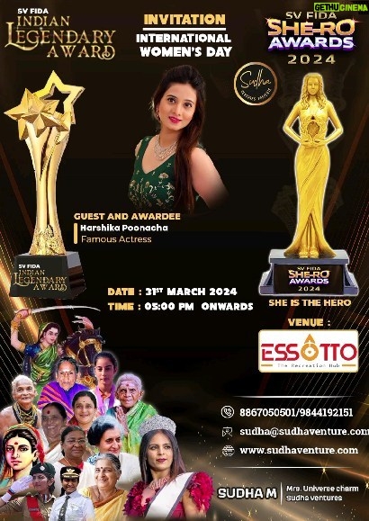Harshika Poonacha Instagram - See you all at @sv_fida_official #Sheroawards on March 31st 💕 Register yourself if you think you deserve this award, you can also Register the amazing woman around you who you think deserves to be a #SHERO 💕