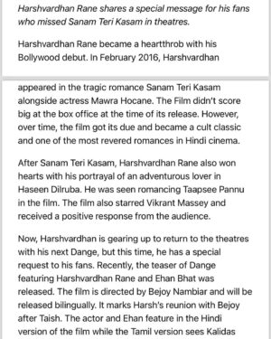 Harshvardhan Rane Instagram - 8 years of #SanamTeriKasam

पार्ट २ नहीं बनी क्योंकि आपने पार्ट १ की टिकट्स नहीं ख़रीदी।

Watch #DANGE in theatre on 1st March, please!