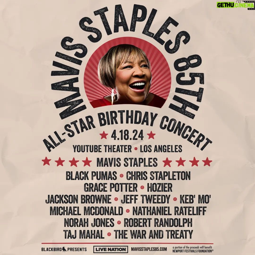 Hozier Instagram - Absolutely honoured to be joining this incredible lineup as we celebrate the true hero and legend that is Mavis Staples on her 85th birthday. Cannot wait! Pre-sale tickets are available now, use code MAVIS85 to purchase tickets before they go. #Mavis85 (pre-sale link in story).