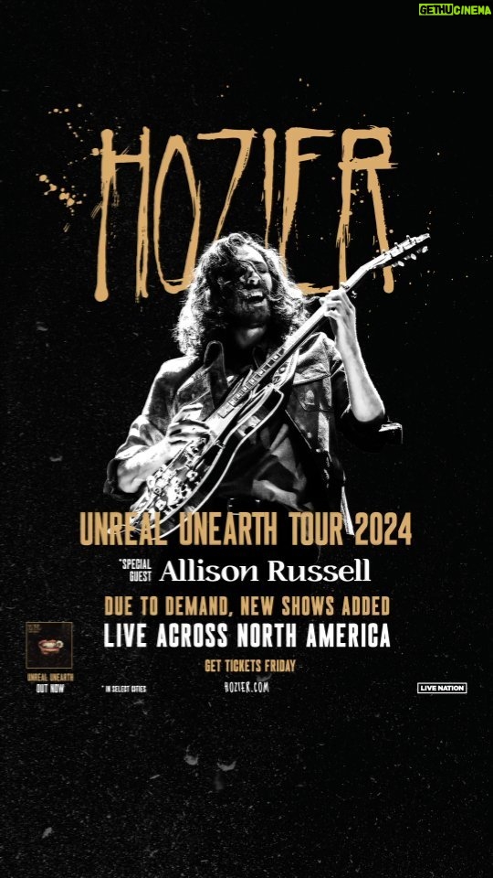 Hozier - 223.2K Likes - I’m very happy to announce the news that 14 new shows have been added to the #UnrealUnearth tour! I can’t wait to see you there.
Tickets for the newly added dates will go on sale on Friday, February 2nd at 12pm local time 🖤 (link in story)