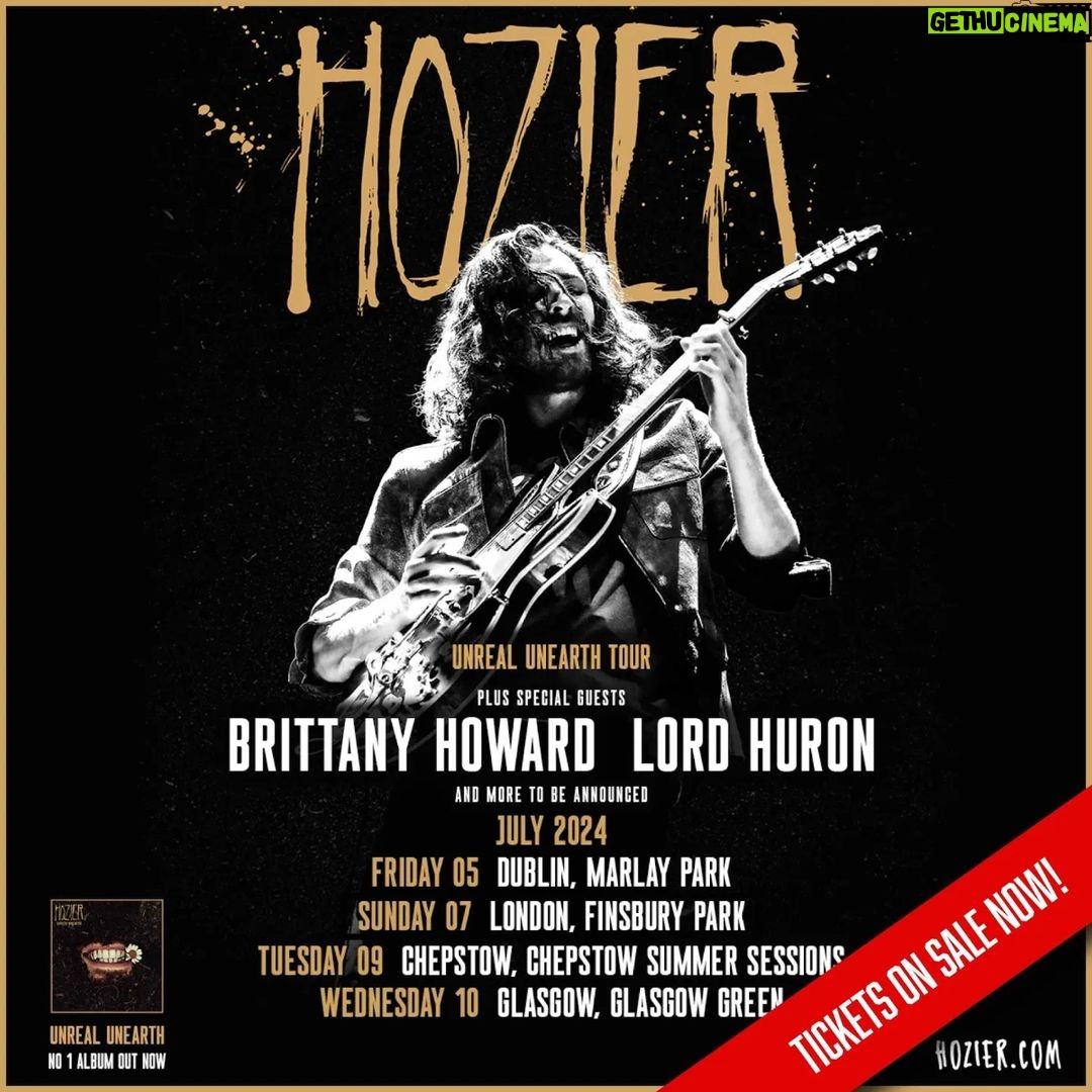 Hozier Instagram - The #UnrealUnearth tour dates with @blackfootwhitefoot and @lordhuron are on sale now 🖤 I can't wait to see you at Dublin’s #MarlayPark, #FinsburyPark London, #SummerSessions Chepstow and #GlasgowGreen. 🎟️ www.hozier.com/live
