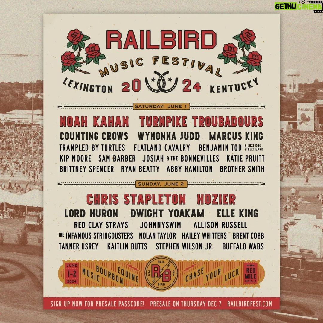 Hozier Instagram - Looking forward to performing at @railbirdfestival next June in Lexington, KY! The ticket presale begins Thursday, Dec 7 at Noon ET. #RailbirdFest Railbird Festival