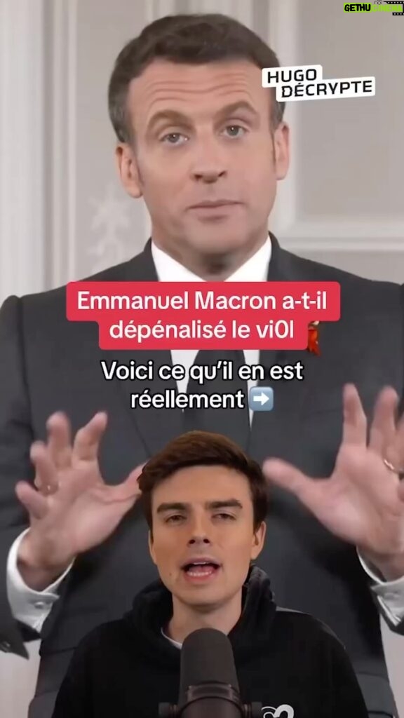 Hugo Travers Instagram - E. Macron dépénalise-t-il le vi0l ? On fait le point sur cette rumeur ⬆️