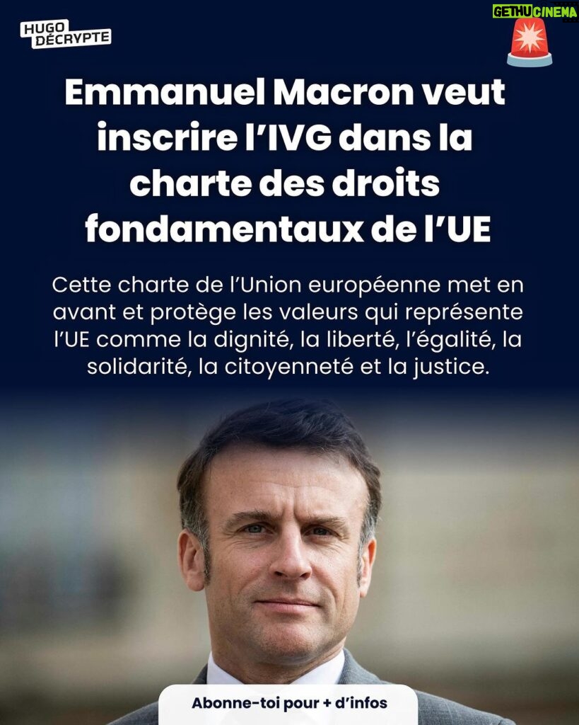 Hugo Travers Instagram - Emmanuel Macron l’a annoncé ce vendredi lors de l’inscription de « la liberté garantie du recours à l’IVG » dans la Constitution, la loi suprême du pays.