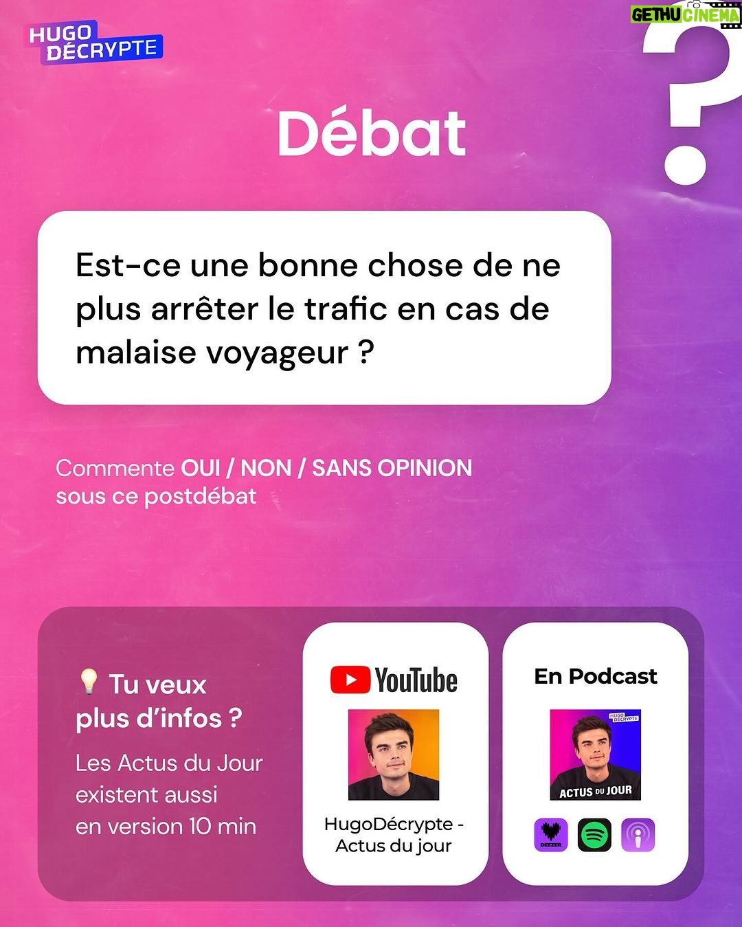 Hugo Travers Instagram - 🚨 En 1 minute, votre résumé de l’actualité du jour 🚨 . 📧 Pour suivre la newsletter : https://hugodecry.pt/newsletter . 🍿 Pour suivre l’actu culture : @hugodecrypte.pop . 🏋️ Pour suivre l’actu sport : @hugodecrypte.sport . SHOUTOUT à @denis.la.plume et @lord_grailly pour leur participation au débat ! . Tous les jours, on met en avant deux participants du débat. Pour participer : like + débat En commentaire. . Est-ce une bonne chose de ne plus arrêter le trafic en cas de malaise voyageur ? 🧐 . Commentez oui/non/sans opinion suivie de vos éventuels arguments, résultats dans l’édition de demain ! . Couverture : Compte Instagram de Charles Caudrelier Actu 1 : ©Abaca I Le Point, Le Parisien, 20 Minutes Actu 2 : TF1 Info, Le HuffingtonPost Actu 3 : Le Parisien, Ouest-France, France3 Régions Actu 4 : Libération, Franceinfo Actu 5 : ©Abaca I L’Équipe, Le Monde