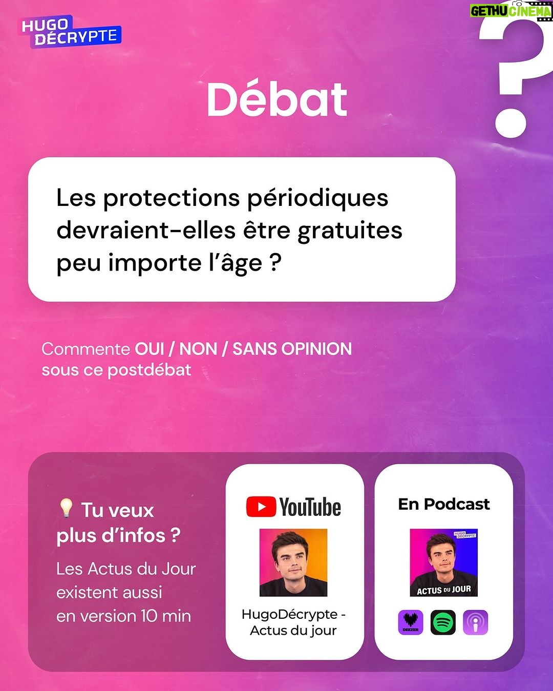 Hugo Travers Instagram - 🚨 En 1 minute, votre résumé de l’actualité du jour 🚨 . 📧 Pour suivre la newsletter : https://hugodecry.pt/newsletter . 🍿 Pour suivre l’actu culture : @hugodecrypte.pop . 🏋️ Pour suivre l’actu sport : @hugodecrypte.sport . SHOUTOUT à @l3Iio_555 et @bm_enkaoua pour leur participation au débat ! . Tous les jours, on met en avant deux participants du débat. Pour participer : like + débat En commentaire. . Les protections périodiques devraient-elles être gratuites, peu importe l’âge ? 🧐 . Commentez oui/non/sans opinion suivie de vos éventuels arguments, résultats dans l’édition de demain ! . Couverture : ©Abaca Actu 1 : ©Abaca I Le Monde, Le Parisien, Les Échos Actu 2 :©Abaca I L’Opinion, L’Express, Ouest-France Actu 3 : Franceinfo, Les Échos, Le Point Actu 4 : ©Abaca I Rfi, HuffingtonPost, France 24 Actu 5 : Le Parisien, Midi-Libre, BFMTV