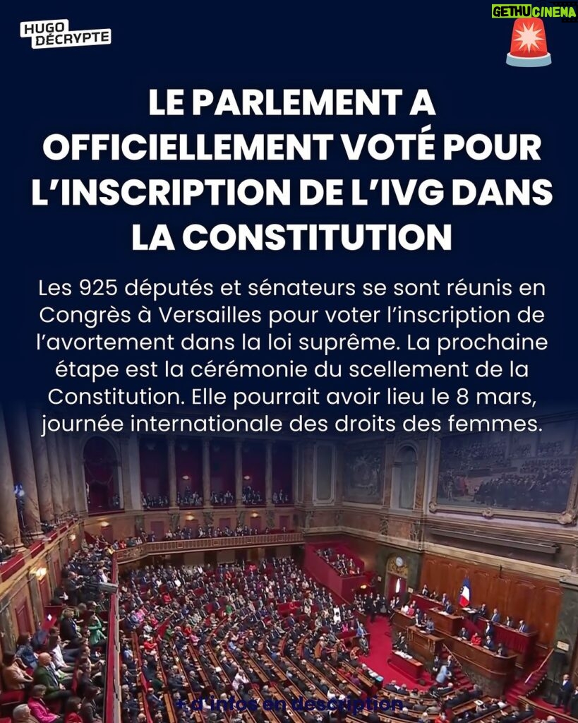 Hugo Travers Instagram - 🚨C’est officiel : l’inscription de l’avortement dans la Constitution a été adoptée par le Parlement. 780 élus ont voté pour et 72 ont voté contre. La France devient le 1er pays au monde à inclure l’avortement dans sa loi suprême.