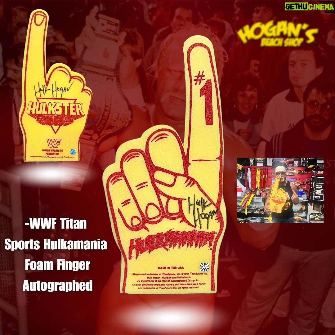 Hulk Hogan Instagram - WWF Titan sports Autographed Hulkamania Foam Finger☝️. Available Now on @hogansbeachshop Website or in store… #hulkamania 🌐Link: https://hogansbeachshop.com/products/wwf-titan-sports-autographed-foam-finger Hulk Hogan’s Wrestling Shop