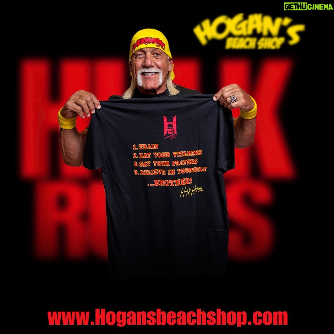 Hulk Hogan Instagram - Hulks Rules💪 1.Train 2.Eat Your Vitamins 3.Say Your Prayers 4.Believe In Yourself ….BROTHER T-Shirt Available Online Or in Store❗️ 🌐Link: https://hogansbeachshop.com/products/black-hulks-rules-shirt Hulk Hogan’s Wrestling Shop