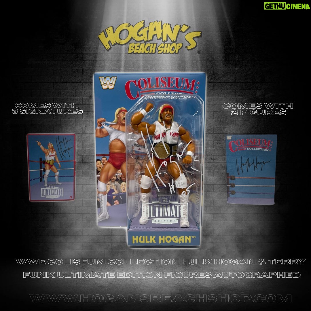 Hulk Hogan Instagram - WWE Coliseum Collection Hulk Hogan & Terry Funk Ultimate Edition Figures Autographed are Now available in store or on @hogansbeachshop website… This figure comes with 3 Signatures & 2 figures… (Link in bio) ‼️On Sale Now💪 🌐Link: https://hogansbeachshop.com/products/wwe-coliseum-collection-hulk-hogan-terry-funk-ultimate-edition-figures-autographed Hulk Hogan’s Wrestling Shop