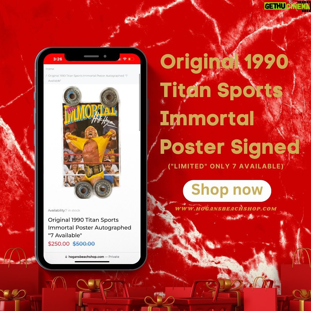 Hulk Hogan Instagram - 🚨 @hogansbeachshop Has (7) Original 1990 Titan Sports Immortal Hulk Hogan Posters Autographed On Sale Now 50% Off 😱Available Now… Color Of Signature May Vary! (Limited Quantity) - Weights Not included. (Link in bio) 🌐Link: https://hogansbeachshop.com/products/original-1990-titan-sports-immortal-poster Hulk Hogan’s Wrestling Shop