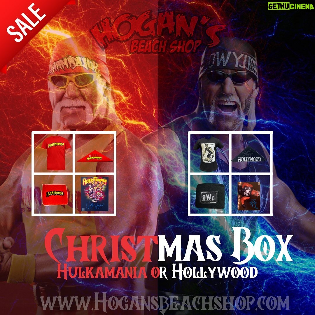 Hulk Hogan Instagram - 🎄Christmas Boxes Now Available on the website! 2 Choices Hulkamania or Hollywood💪 Each Box Includes a T-Shirt, Wristband, Autographed 8x10 & a Autographed Bandana Available on are website now… The perfect Gift for Christmas‼️ON SALE NOW @hogansbeachshop 🌐Link: https://hogansbeachshop.com/products/christmas-box-hulkamania-or-hollywood