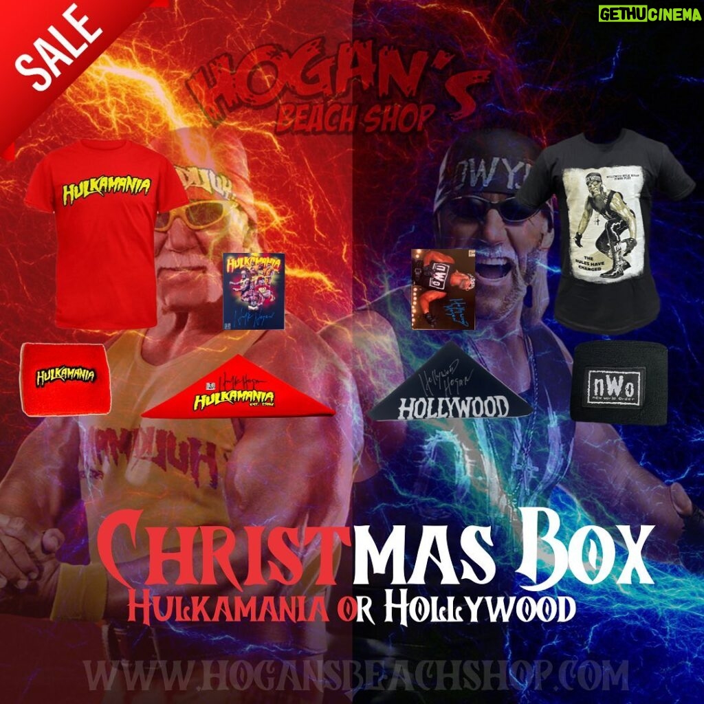 Hulk Hogan Instagram - 🎄Christmas Boxes Now Available on the website! 2 Choices Hulkamania or Hollywood💪 Each Box Includes a T-Shirt, Wristband, Autographed 8x10 & a Autographed Bandana Available on are website now… The perfect Gift for Christmas‼️ON SALE NOW @hogansbeachshop 🌐Link: https://hogansbeachshop.com/products/christmas-box-hulkamania-or-hollywood