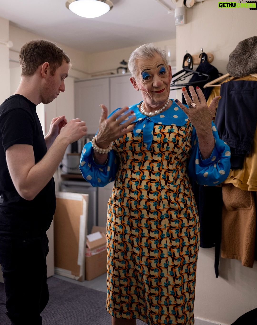 Ian McKellen Instagram - Tom @tomtom860, my indispensable dresser. Me, drying finger nails newly varnished in rainbow colours. https://mothergooseshow.co.uk Photo by @FredericAranda