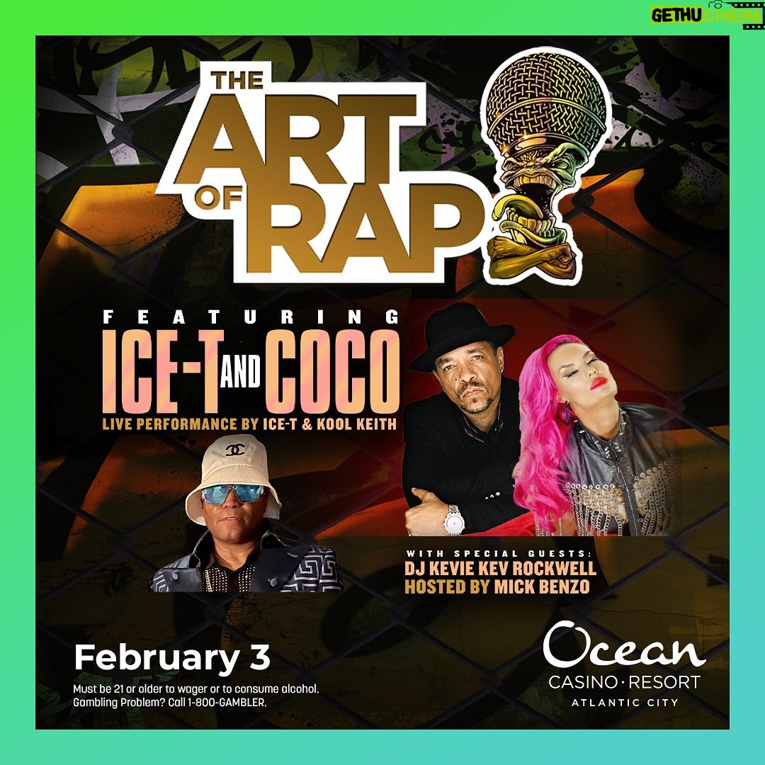 Ice-T Instagram - It’s going down in Atlantic City! Feb 3rd. ICE T live with @officialkoolkeith Get your tickets Now. @TheOceanAC @mickbenzo_the_art_of_rap