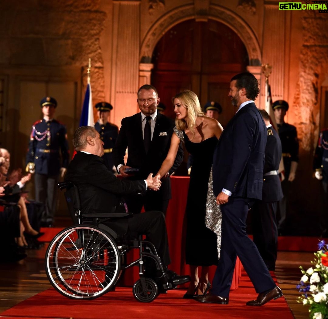Ivanka Trump Instagram - Last night at Prague Castle, my brother Don and I had the honor to accept the posthumous first grade Medal of Merit on behalf of our mother, Ivana, from President Miloš Zeman. Born and raised in what was then Czechoslovakia, my mother grew up in Zlin, skied on the National Team and attended Charles University in Prague. Through her life she maintained a deep love and connection to the Czech Republic. I know that mom would have been extremely honored by the recognition, as were we to be here in Prague to receive it on her behalf. Thank you President Zeman for honoring her life and contributions yesterday. 🇺🇸🇨🇿 Prague, Czech Republic