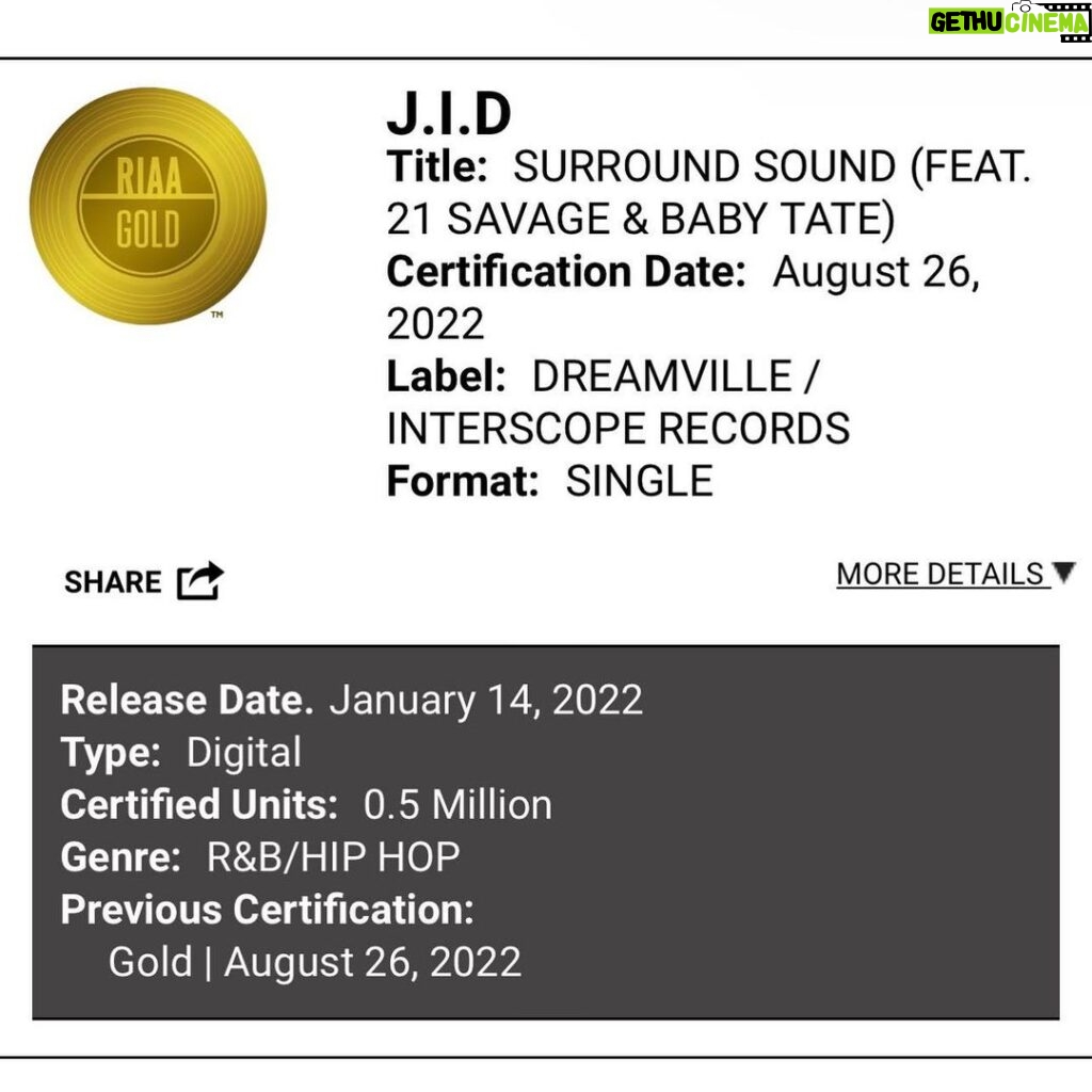 J.I.D Instagram - You guys made this go Gold on the day the album dropped, I really appreciate all the fans cuz y’all da hardest and also wana thank my dawg @megameezy especially for putting this together, we from the eastside the this a win for the city fr, @21savage thank u for being one of the most humble and solid people I’ve came across @imbabytate you are a star, thank u guys for trusting me. Much love to @djscheme and @nurimusic for trusting me with this song when they sent it in 2020 as well @tischristo @barryhefner @zekest80s here we go again!!!