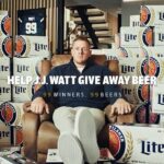 J.J. Watt Instagram - I probablyyyy should have read the fine print of my new deal with @MillerLite. I’m going to make a dent in this beer mountain, but I cannot physically drink it all. So 99 lucky winners are going to get beer and a signed jersey. Enter at www.millerlite.com/jjwatt for a chance to win! #MillerLite #21 #Ad