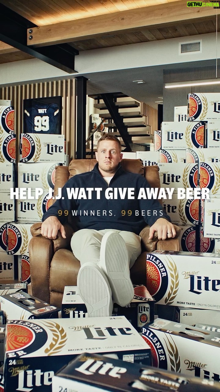 J.J. Watt Instagram - I probablyyyy should have read the fine print of my new deal with @MillerLite. I’m going to make a dent in this beer mountain, but I cannot physically drink it all. So 99 lucky winners are going to get beer and a signed jersey. Enter at www.millerlite.com/jjwatt for a chance to win! #MillerLite #21 #Ad