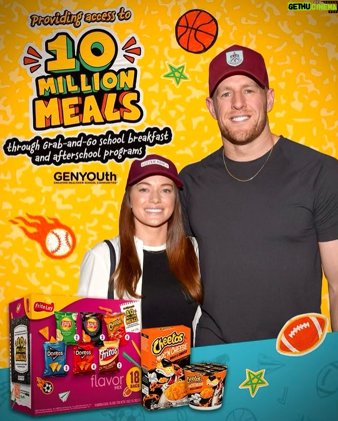 J.J. Watt Instagram - 10 Million Meals. Kealia and I are delighted to partner with @fritolay Variety Packs, @cheetos Mac ‘N Cheese & @genyouthnow to provide 10 million meals to students across the country through grab-and-go breakfast and after-school programs. #ad
