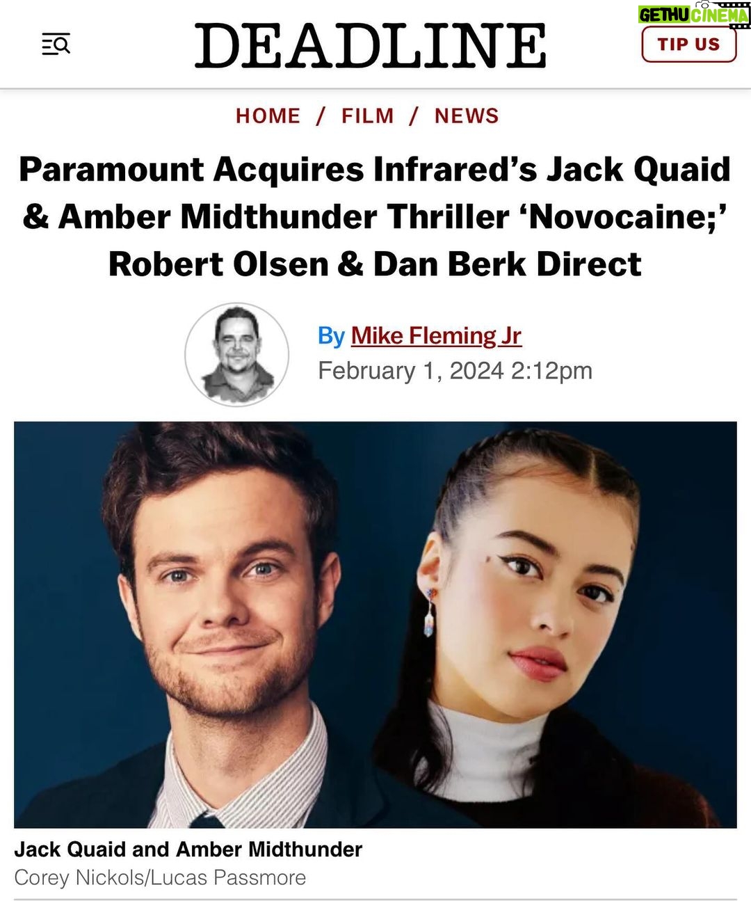 Jack Quaid Instagram - 💥Couldn’t be more thrilled to be in this incredible movie! And to work with the absolute legend that is @ambermidthunder. This one is absolutely BONKERS. Can’t wait to get started! #novocaine #paramount #infrared #filmnation #danberk #robertolsen #ambermidthunder