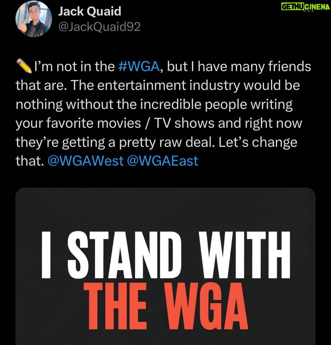 Jack Quaid Instagram - ✏️Support them writers, y’all! #wgastrong