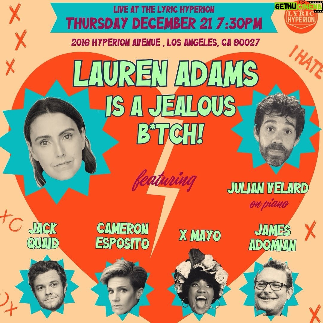 Jack Quaid Instagram - We are back for another Lauren Adams is a Jealous Bitch on 12/21 at 7:30! This line up is so good I’m jealous of my own show! As always @julianvelard on the keys and produced by @cotnoir. Link for tickets of all forms in person and streaming in my bio! The Lyric Hyperion