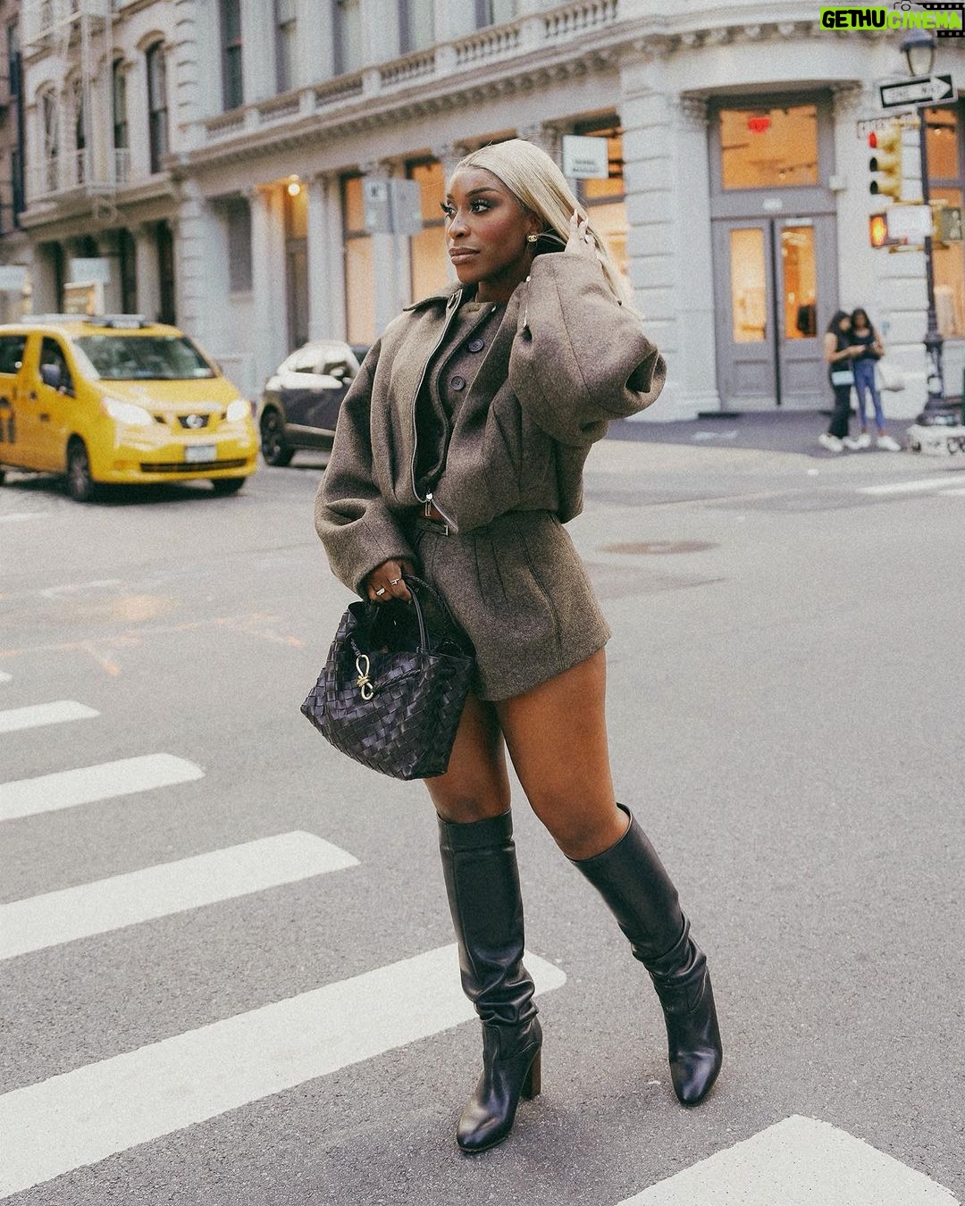Jackie Aina Instagram - I’m not like other girls, I’m way worse 😘 coat + shorts @jacquemus via @farfetch boots @ralphlauren bag #bottegaveneta photos @nishajohny hair @kendrasboutique