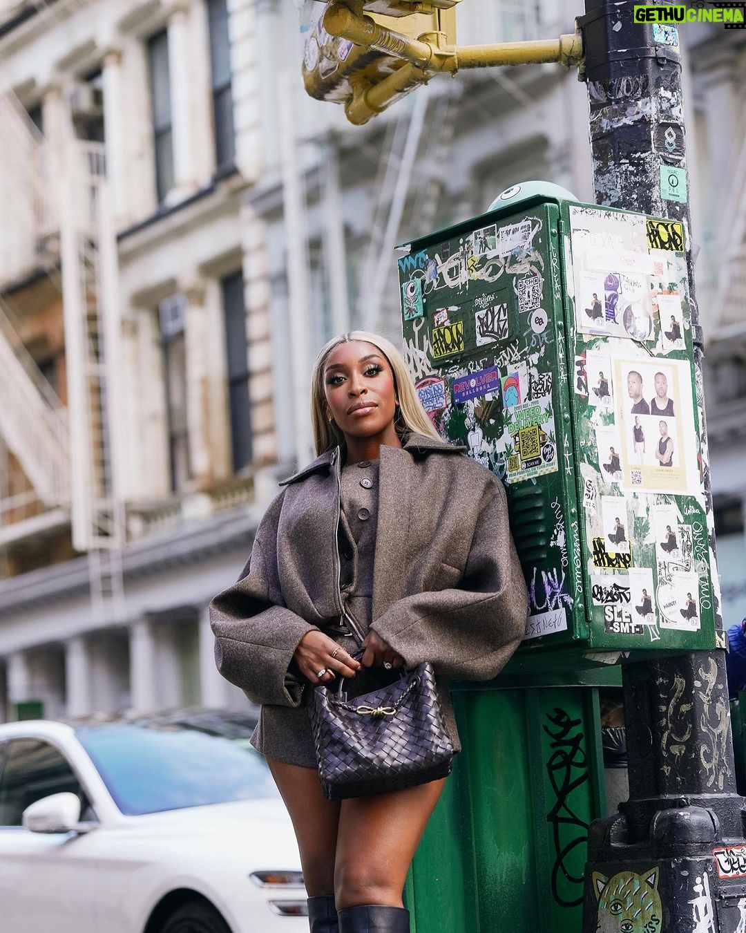 Jackie Aina Instagram - I’m not like other girls, I’m way worse 😘 coat + shorts @jacquemus via @farfetch boots @ralphlauren bag #bottegaveneta photos @nishajohny hair @kendrasboutique