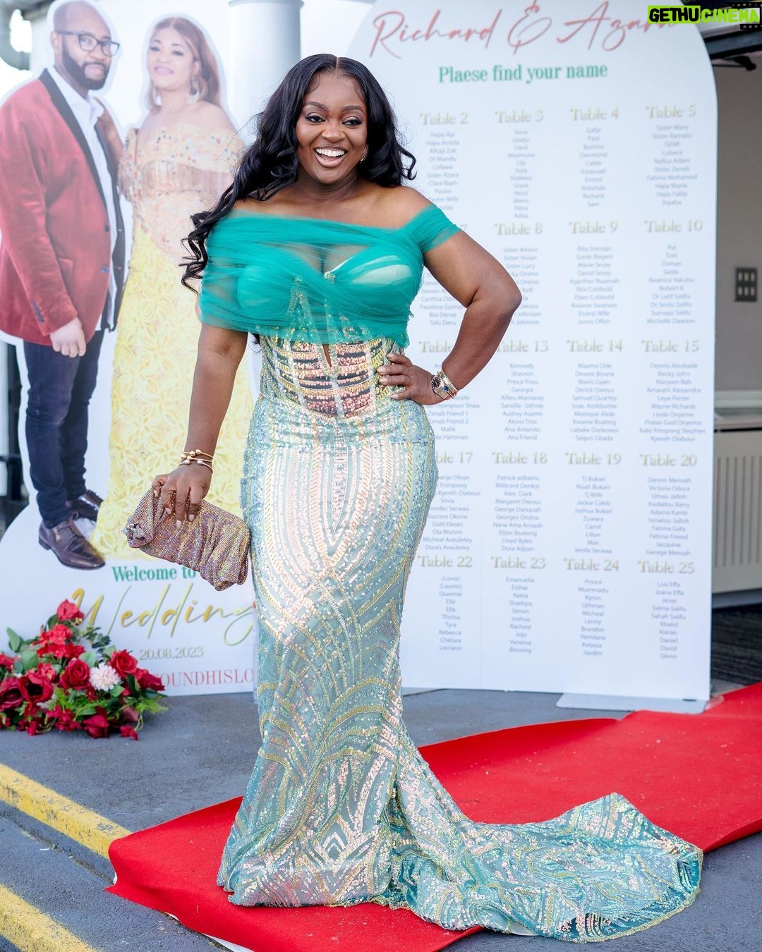 Jackie Appiah Instagram - Partying it up in London for this amazing wedding! Love is in the air ππ Dress @yoli_koomson Styled by @bveystyling Bag @benedettabruzziches Bag available at @vivaboutiquegh #WeddingGuest #LondonVibes"