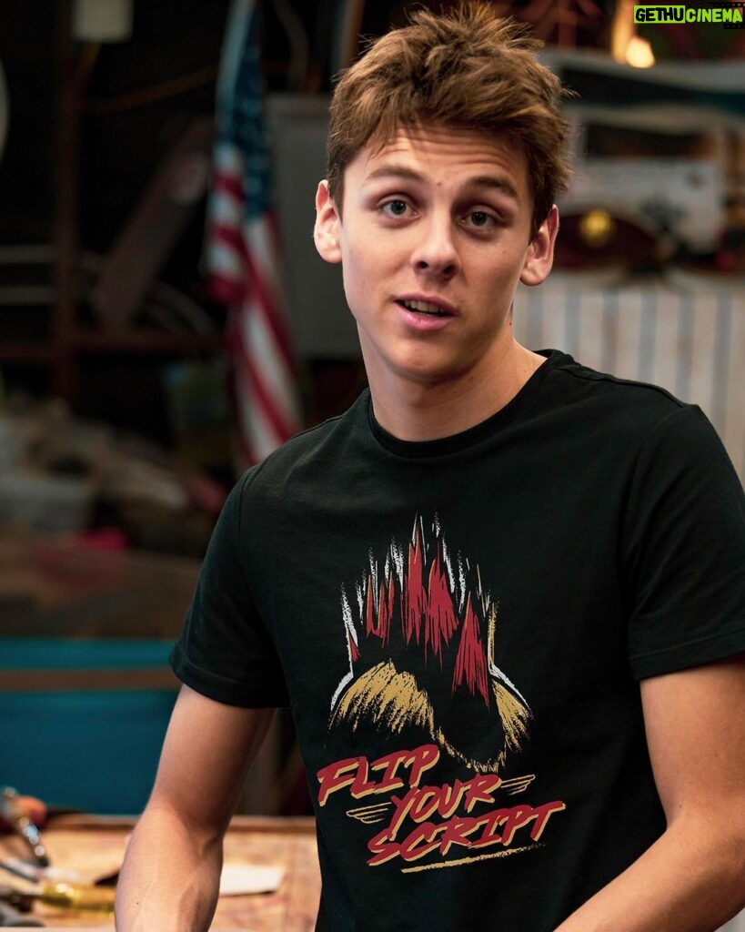 Jacob Bertrand Instagram - Flip Your Script! I've partnered with @represent and @cobrakaiseries to release my first ever limited edition apparel collection inspired by Hawk! Click the link in my bio to buy or go to represent.com/jacob Proceeds from every product sold support the life-changing work of Gobi Support inc, @gobi_support an organization dedicated to helping middle and high school teens and their families rethink their relationship with drugs and alcohol. Only available for two weeks! #CobraKai #Hawk 📸 @donniekanephoto Wood Shop