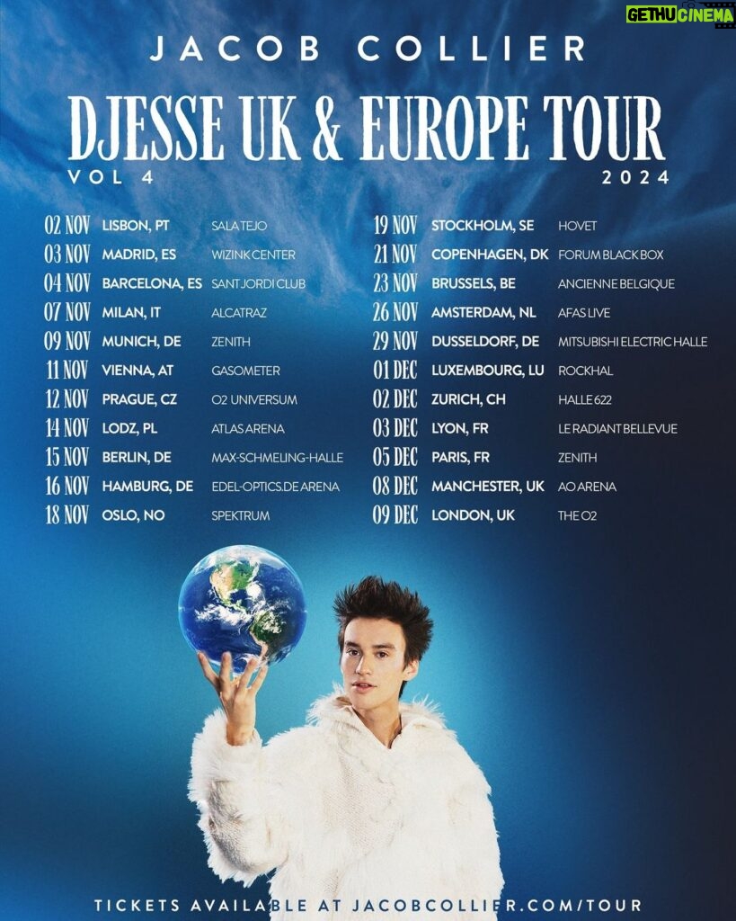 Jacob Collier Instagram - It’s happening!!!! The Djesse Vol. 4 Tour is coming to Europe & UK next Autumn 🍁 Pre-order Djesse Vol. 4 (in any format) to receive a secret code for pre-sale access on Nov 29th! Link in bio for T&Cs/more info. I cannot wait to celebrate and sing with you all ❤️‍🔥