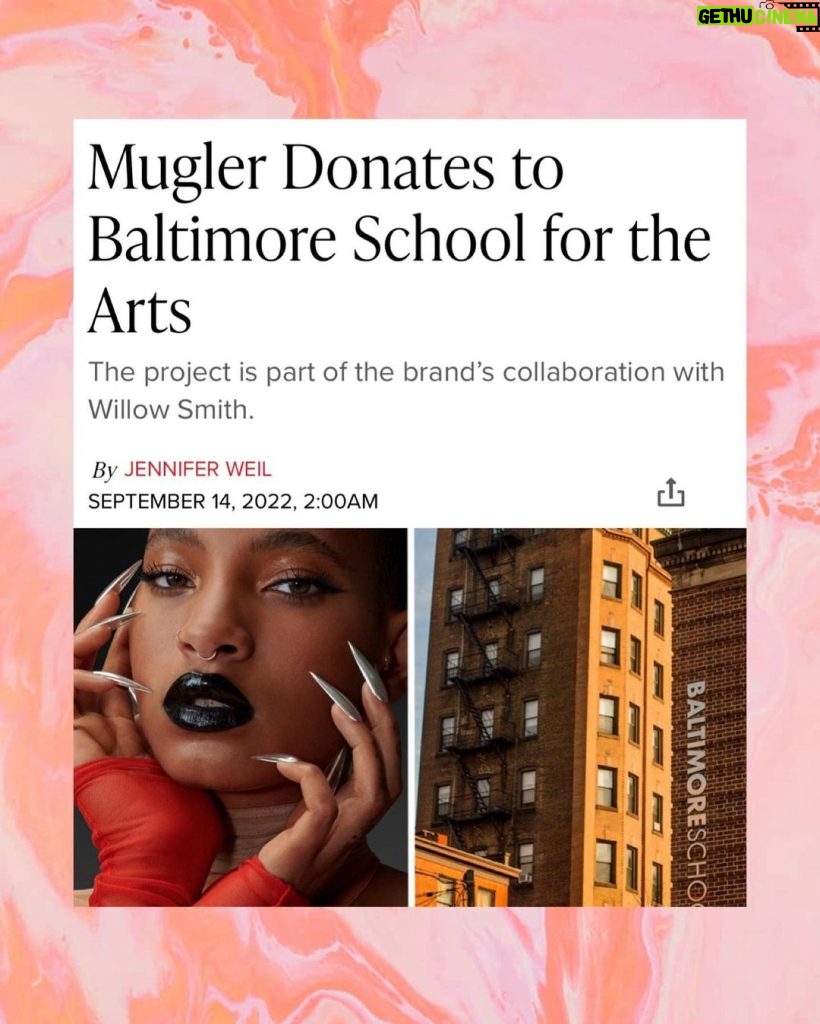 Jada Pinkett Smith Instagram - Thank you to @willowsmith and @muglerofficial for donating to my old alma mater. There is so much talent in Baltimore and it’s through Baltimore School For the Arts that many who wouldn’t have access to education around the arts are given an opportunity to nourish the skills needed to continue to develop their talent. Thank you so much for this Willow😘😘😘😘. This was an unexpected birthday treat‼