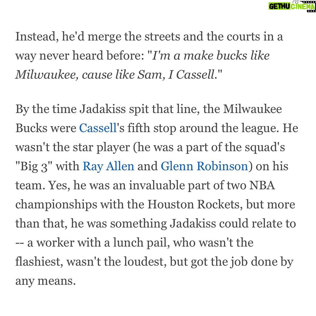 Jadakiss Instagram - It was an honor to be asked by @espn to contribute to their Hip-Hop at 50 tribute, saluting one of the great lines by one of the greats, our friend @jadakiss! Check out our full article all about “I’ma make bucks like Milwaukee, cause like Sam, I Cassell” right now on ESPN.com!!