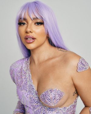 Jade Thirlwall Instagram - It’s that time of year where I force my friends to do fancy dress to celebrate my (early) birthday in the hopes of overshadowing Santa 😂 honouring an icon…I’m the L-I-L to the K-I-M. Disagree? Well that’s you and I’m sorry 🎶 

Photography by @joe_magowan @4thfloorcreativegroup 
Assisted by @aka.leah_ @geornden 
Made by @banglondon 
Styled by @zackandjamiestyle 
Make up by @hilakarmand 
Hair by @aaroncarlohair